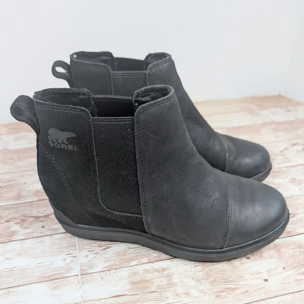Sorel Leather Ankle Booties Leather Black Pull On Women's Size 8 Rubber Outsole